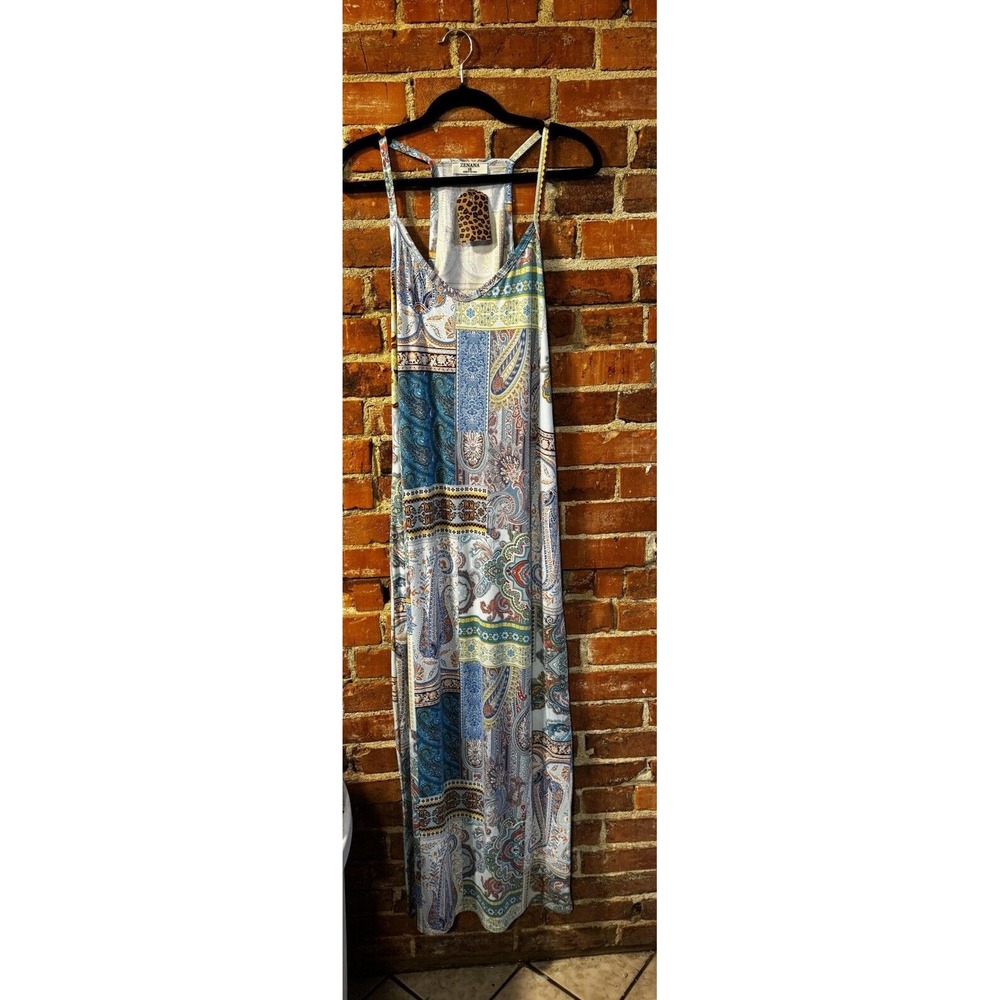 Zenana Women's‎ V-Neck Maxi Dress Casual Patchwork Print Bohemian Blue Paisley S